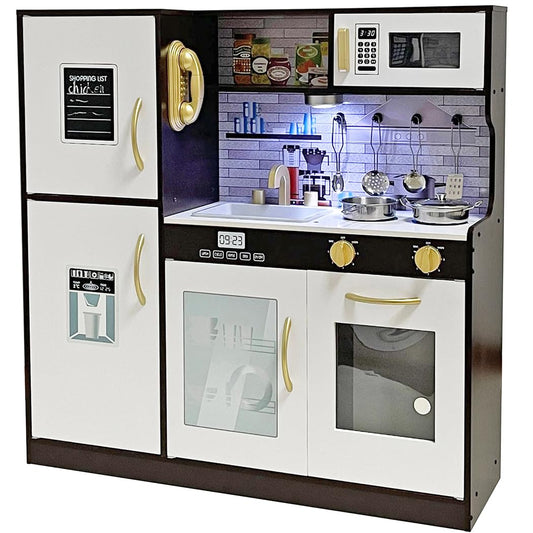 TOUCH US Wooden Play Kitchen Toy Set with Light, Kids Children Pretend Toy Kitchen Playset with