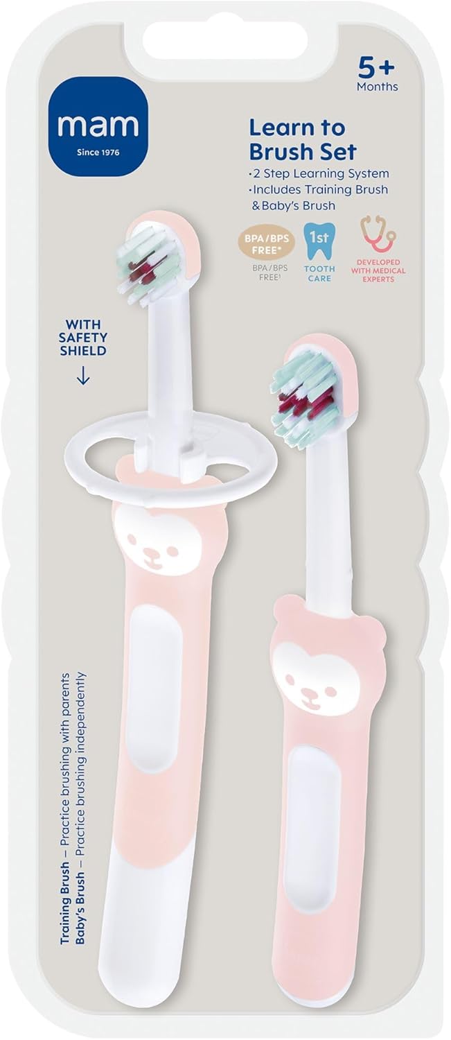 MAM Learn to Brush Set (1 Baby's Brush Toothbrush, 1 Training Brush, 1 Safety Shield), Baby