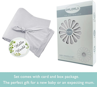 OWLOWLA Swaddle Blanket and Hat Set Newborn Swaddle Wrap Baby Receiving Blanket for Baby Boys Girls(Light Grey)