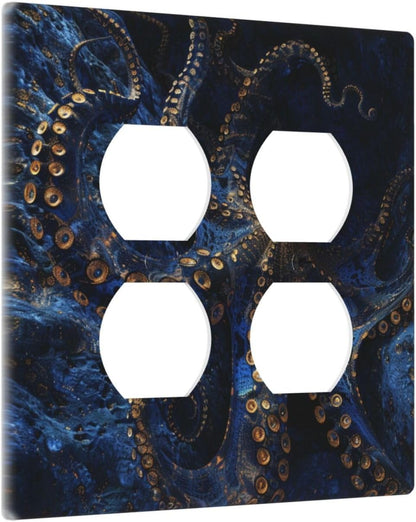Decorative Outlet Covers Horror Night Blue Ocean Evil Octopus 2 Gang Wall Plate Cover Double Duplex Receptacle Two Switch Light Switch Cover Plate Jumbo Dual Faceplate for Home Decor