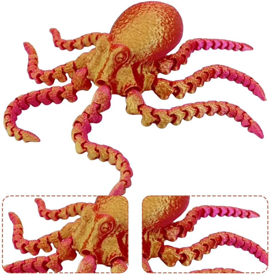 3D Printed Octopus Animals Toy Articulated Octopus Fidget Toy 3D Printed Gift Creative Ornament Articulated Octopus Toys Home Decor(Laser Red Gold)