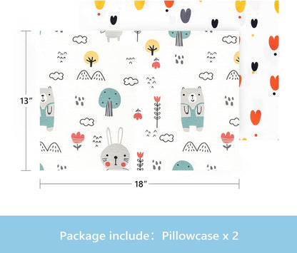 TILLYOU Toddler Pillowcase 2 Pack with Envelope Closure,Silky Soft Microfiber 13" x 18" Kids Travel Pillow Cases,Bib Bear & Colorful Love
