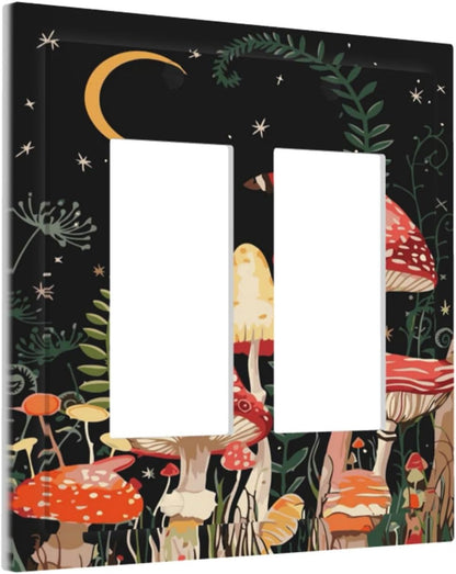 Moon Star Red Mushroom Forest Butterfly Green Plant Decorative Outlet Covers 2 Gang Double GFCI Rocker Electrical Wall Panels Light Switch Cover Plate for Kids Room Home Decor