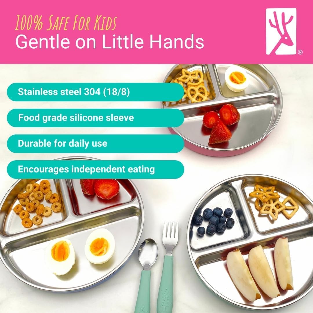 Stainless Steel Divided Plates + Silicone Sleeve and Storage Lid | Baby, Toddler, Kids | Dinner & Snack Plates | 2 Pack