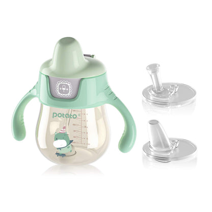POTATO Sippy Cups For Toddlers with Straw Spill Proof, PPSU Learner Cup with Handle for Babies, Water Bottle for Baby 6 Months with 2 Type of Spout, 6 Ounce Green