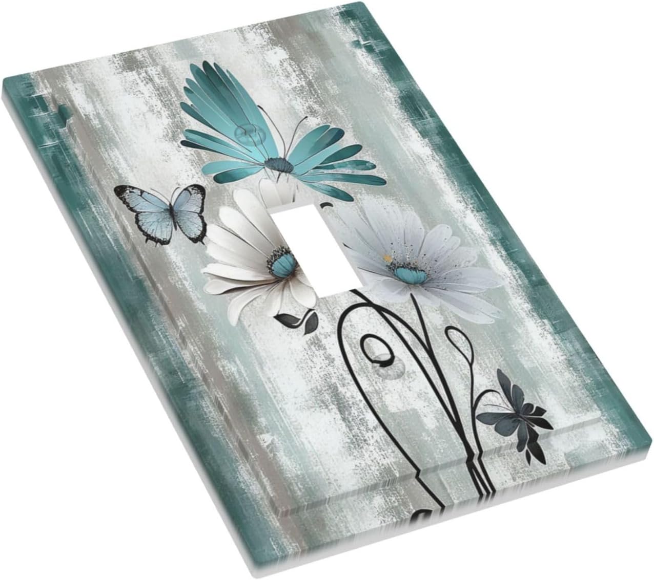 Decorative Light Switch Cover Rustic Teal Daisy Floral Flowers Butterfly Wood Grain 1 Gang Single Toggle Device Electrical Faceplate Switchplates Decorator Outlet Wall Plate for Bathroom