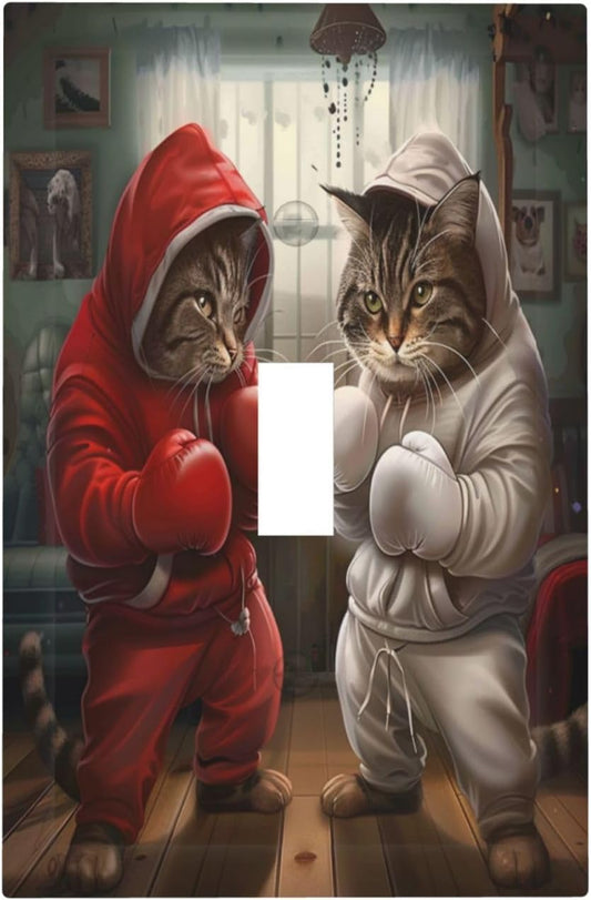 Decorative Switch Covers Plate Funny Red Boxing Cats White Tomcat 1 Gang Wall Plate Unique Single Toggle Wall Cover Plate Jumbo Electrical Light Switch Plate Faceplate for Bedroom Decor