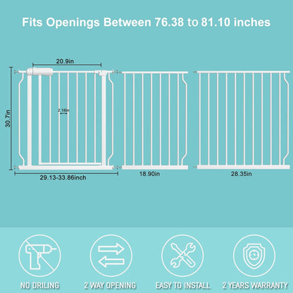 WAOWAO Baby Gate 76.38-81.07" Extra Wide Pressure Mounted Walk Through Swing Auto Close Safety White Metal Toddler Kids Child Dog Pet Puppy for Stairs,Doorways,Kitchen