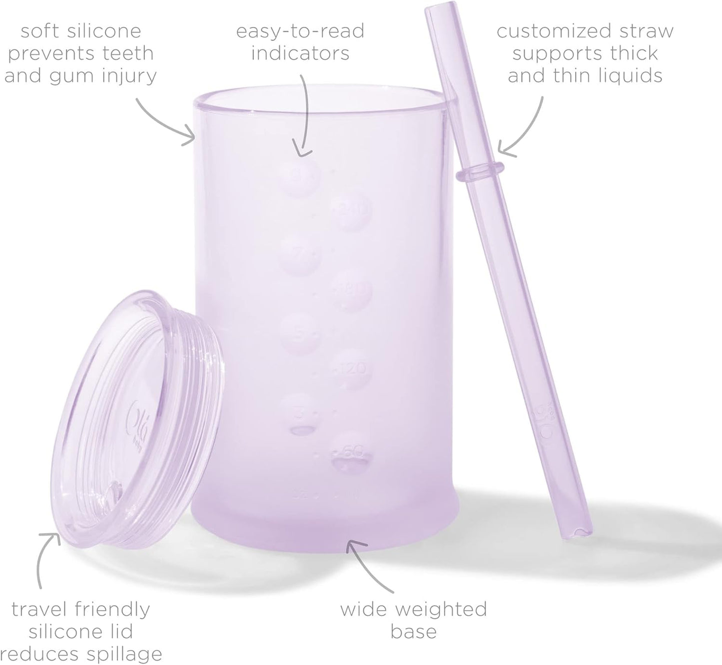 Olababy Clear View Silicone Training Cup with Straw Lid | Toddler Sippy Trainer 12mo+ | Unbreakable Water Drinking Cups for Kids 2yr+ | Baby Led Weaning & Feeding Supplies (Lilac, 9 oz)