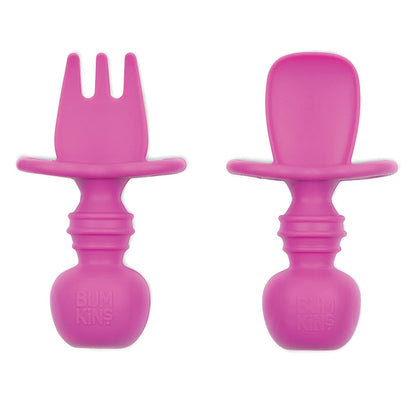 Bumkins Baby Utensils Set, Chewtensils Silicone Spoons for Dipping, Self-Feeding, Baby Led Weaning, Trainer Learning, First Stage Eating, Soft Practice Fork and Spoon, Babies 6 Months, Fuchsia