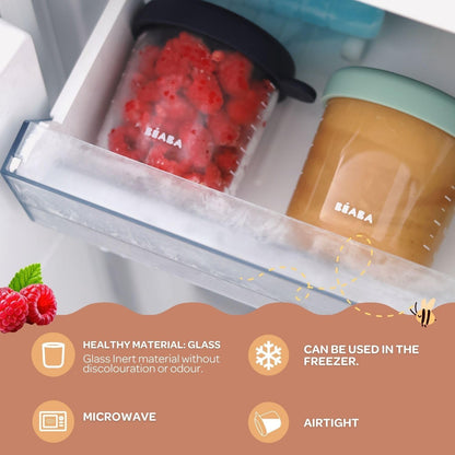 BEABA 4 Pack Glass Baby Food Jars with Soft Silicone Air Tight Lids, 8 oz Glass Storage Containers