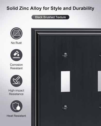 2-Pack Double Toggle Light Switch Cover Plate, Durable Solid Zinc Alloy Decorative Dual Switch Plate Covers, Black 2 Gang Wall Plate, Corrosion Resistant