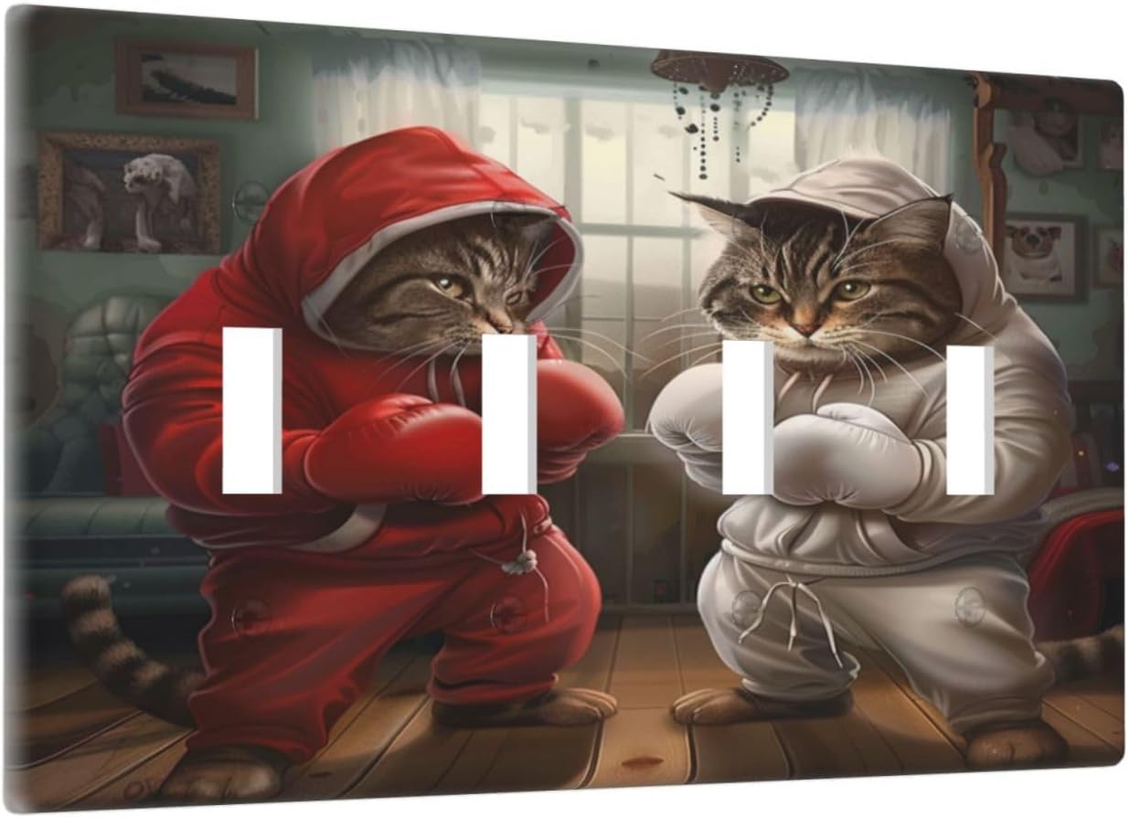 Decorative Switch Covers Plate Funny Red Boxing Cats White Tomcat 4 Gang Artistic Wall Plate Unique Quad Toggle Light Switch Plate Jumbo Faceplate for Bedroom Home Decor