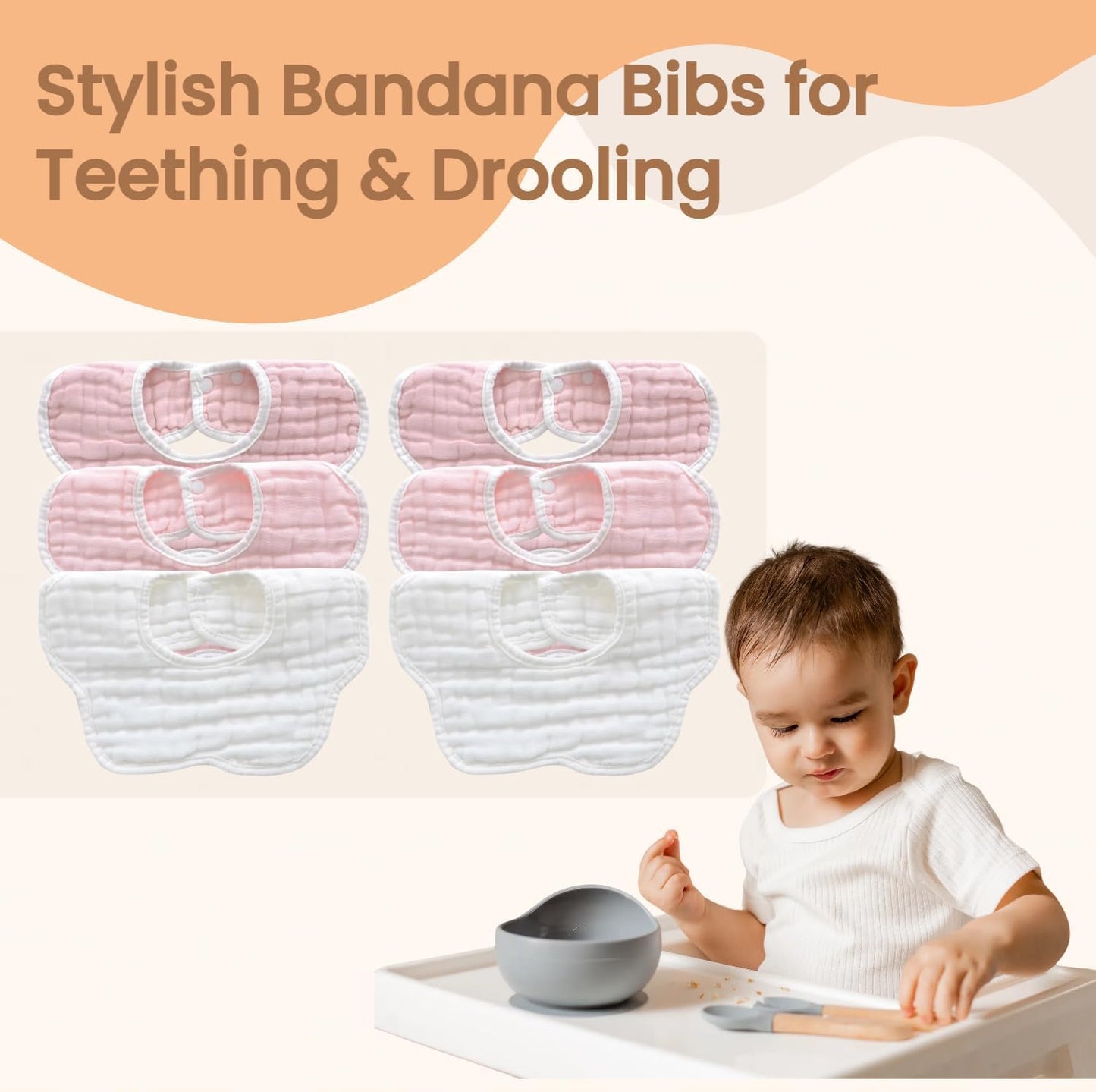 MUKIN Baby Drooling Towel, Snap Bibs, Muslin Bibs, 6 Pack, Adjustable, Soft Cotton