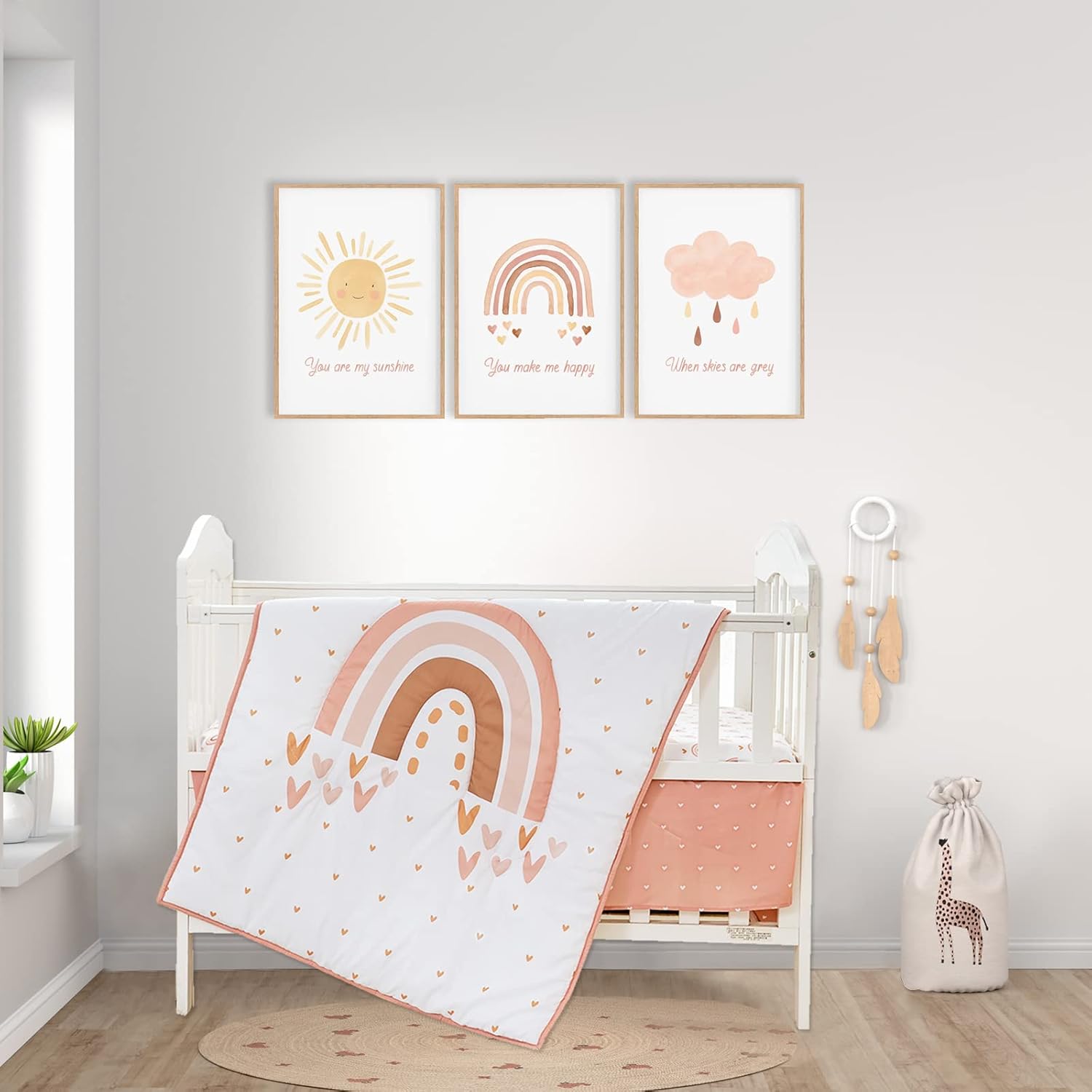 3 Piece Rainbow Boho Crib Bedding Set - Standard Size Nursery Bedding for Boys and Girls with Crib