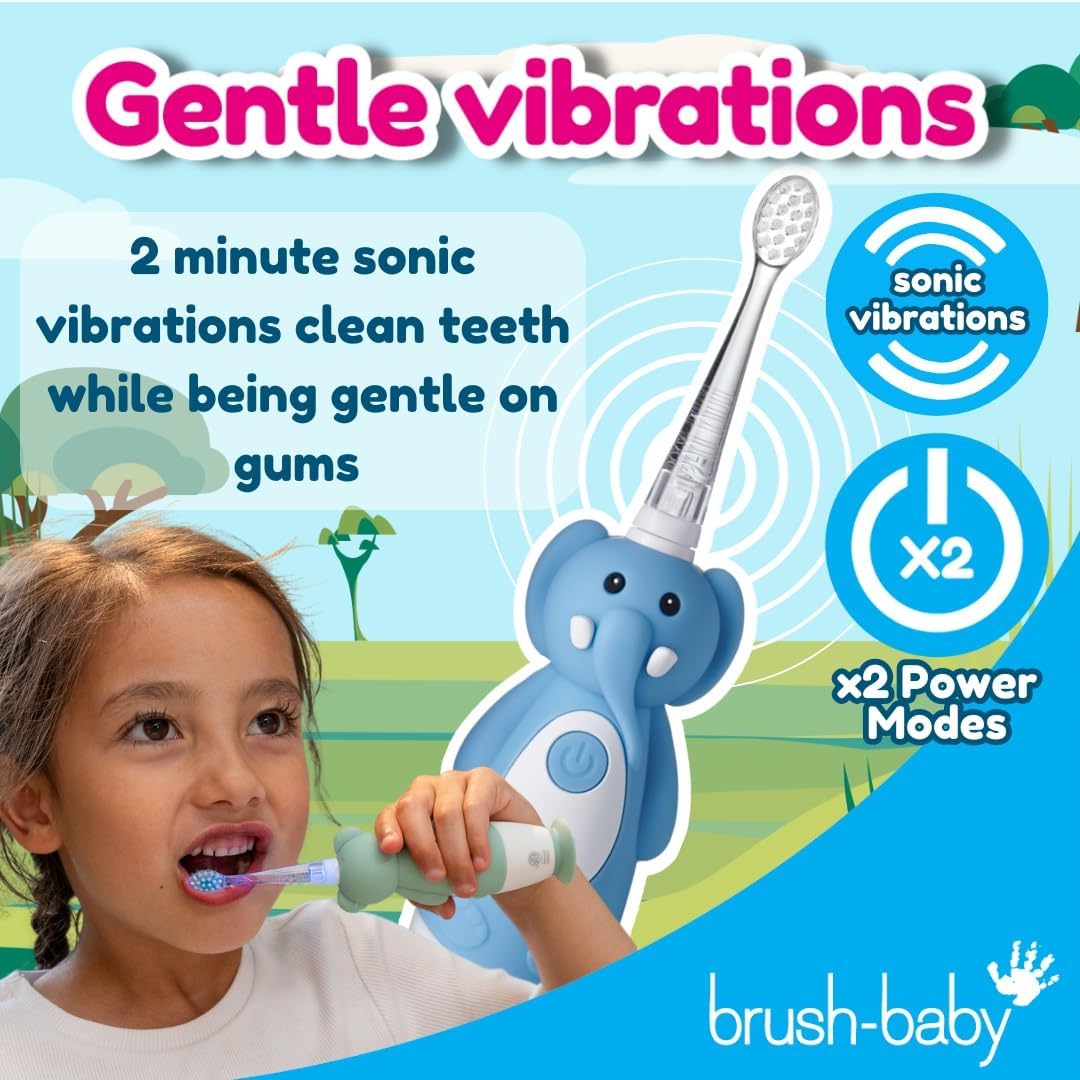 brush-baby WildOnes Kids Electric Rechargeable Toothbrush Elephant, 1 Handle, 3 Brush Heads, USB