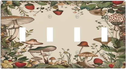 Decorative Switch Covers Plate Rustic Mushroom Garden Red Strawberry 4 Gang Artistic Wall Plate Unique Quad Toggle Light Switch Plate Jumbo Faceplate for Bedroom Home Decor