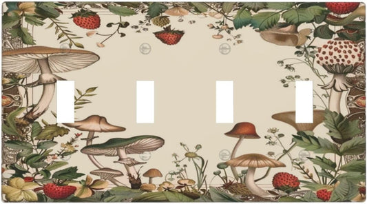 Decorative Switch Covers Plate Rustic Mushroom Garden Red Strawberry 4 Gang Artistic Wall Plate Unique Quad Toggle Light Switch Plate Jumbo Faceplate for Bedroom Home Decor