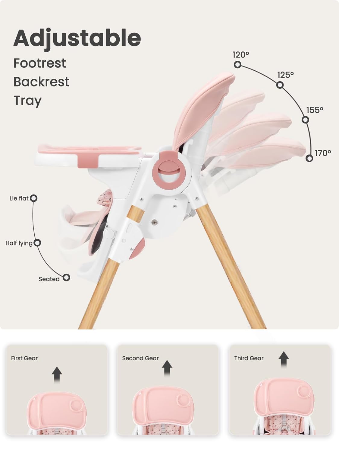 Foldable High Chair with Soft Cushion, High Chairs for Babies and Toddlers, Height Adjustable
