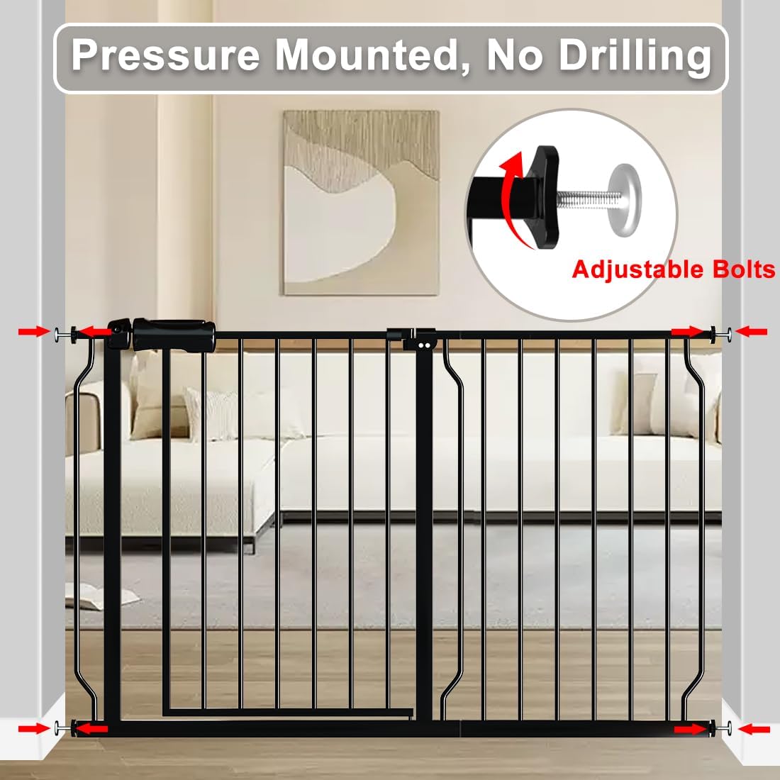 Fairy Baby Extra Wide Baby Gate Black 53-57.5 Inch Wide, Walk Through Pressure Mounted No Drill, Long and Large Tension Gate for Pet and Kids