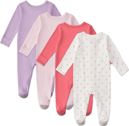 Aablexema Baby Footed Pajamas with Mitten Cuffs Zipper 4-Pack Infant Newborn Cotton Long Sleeve Outfit