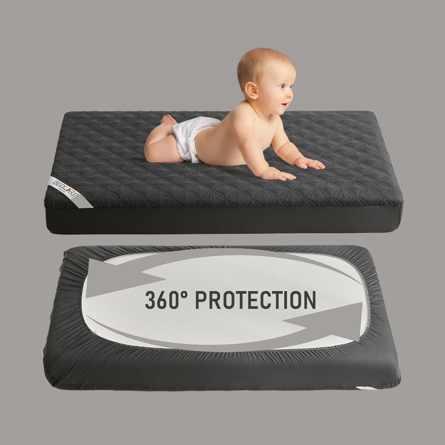 BEDLORE Waterproof Mattress Protector Crib, 2 Pack Soft Gray Mattress Pad, Noiseless Machine