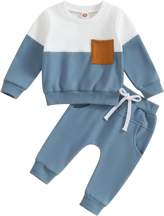 Kupretty Toddler Baby Boy Fall Winter Clothes Color Block Long Sleeve Sweatshirt Pullover Tops + Joggers Pants Outfit Set