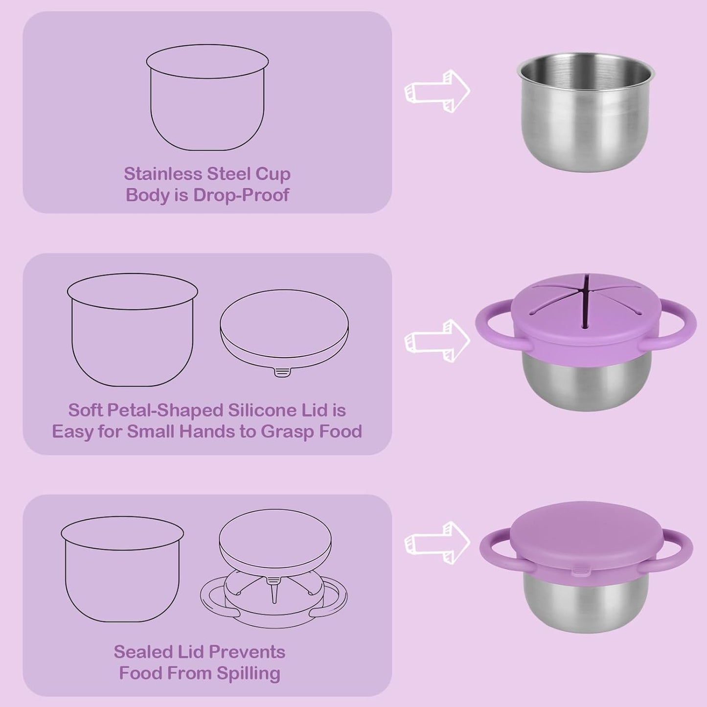 2 Pack Snack Cups for Toddlers Spill Proof - Detachable Stainless Steel Toddler Snack Cups with