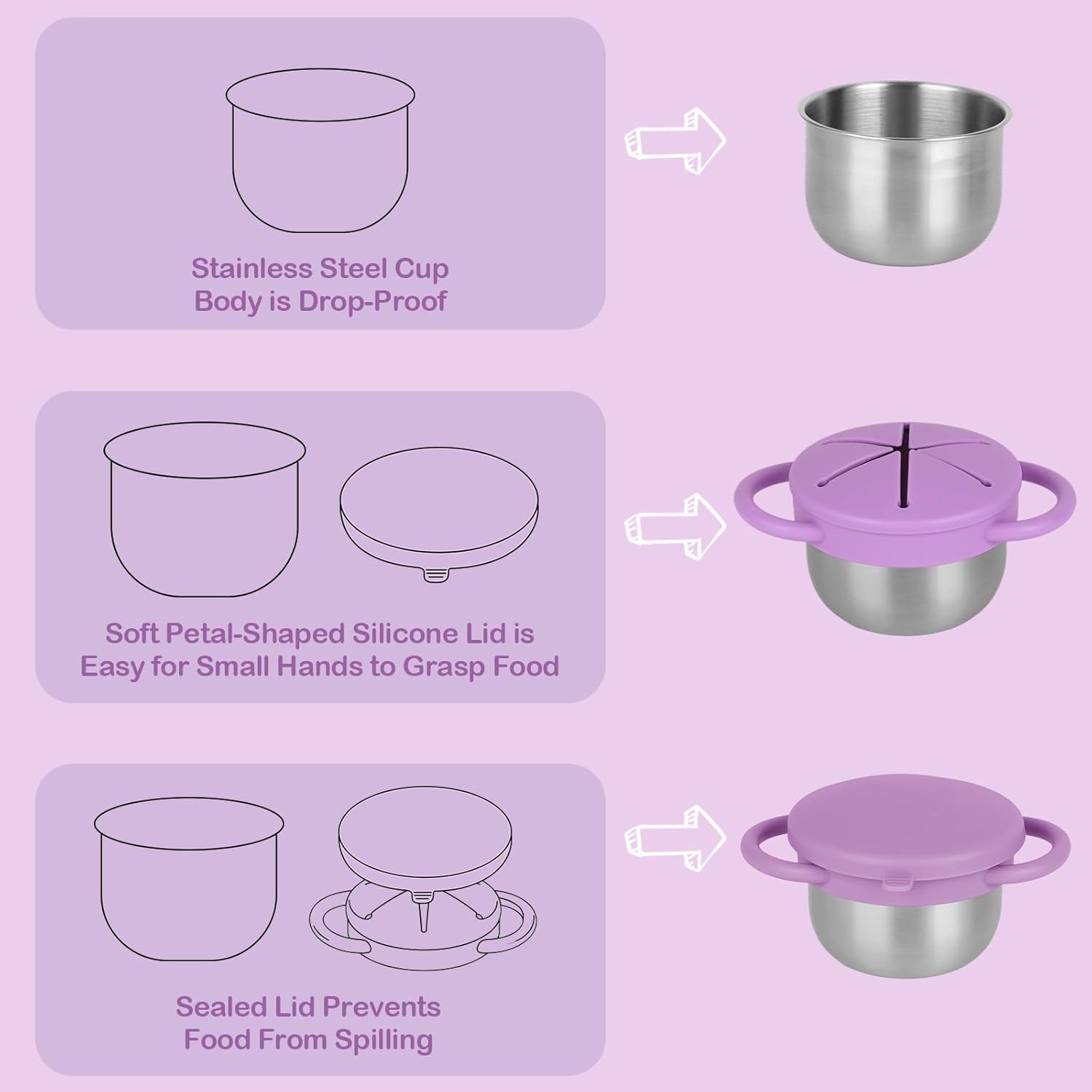 2 Pack Snack Cups for Toddlers Spill Proof - Detachable Stainless Steel Toddler Snack Cups with
