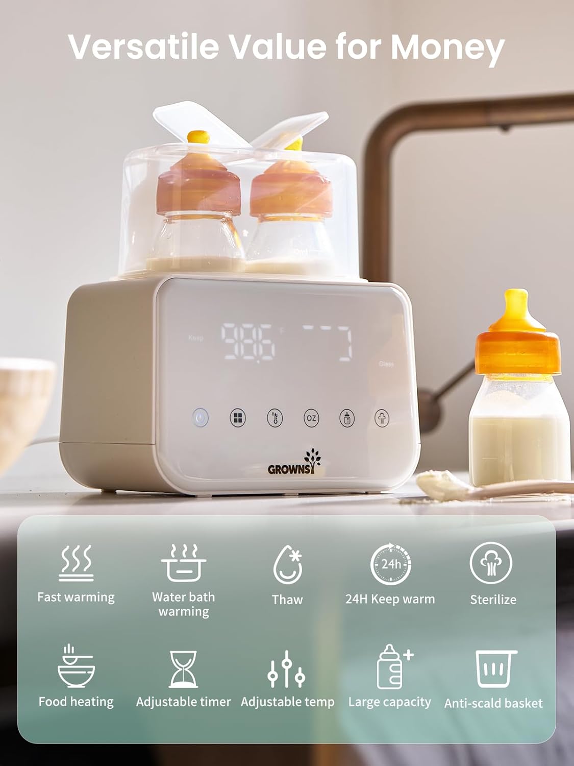 Baby Bottle Warmer, Grownsy 10-in-1 Fast Bottle Warmer Accurate Temp Control, with LCD Display