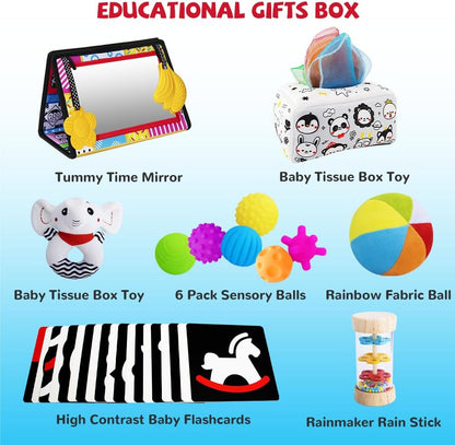 Montessori Toys for Babies 0-6 Months,7 in 1 Newborn Toys Baby Gifts Set Early Learning Toys with Black & White Baby Flashcards,Tummy Time Mirror,Baby Rattle,Sensory Balls,Tissue Box Toys,Rain Stick