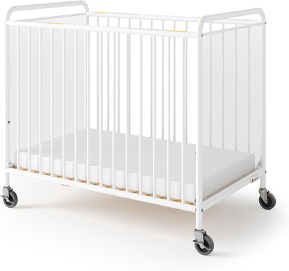 Foundations Chelsea Clearview Metal Compact Daycare Crib, 3" Casters, Compact Mini Size, Easy to