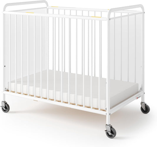 Foundations Chelsea Clearview Metal Compact Daycare Crib, 3" Casters, Compact Mini Size, Easy to