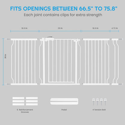 Extra Wide Baby Gate for Stairs Doorways with door, 30" Tall 66.5-75.8" Wide Easy Install Dog Gate indoor, Safety Metal Pressure Mounted Pet Gate with Walk-Thru Auto Close for the House, White
