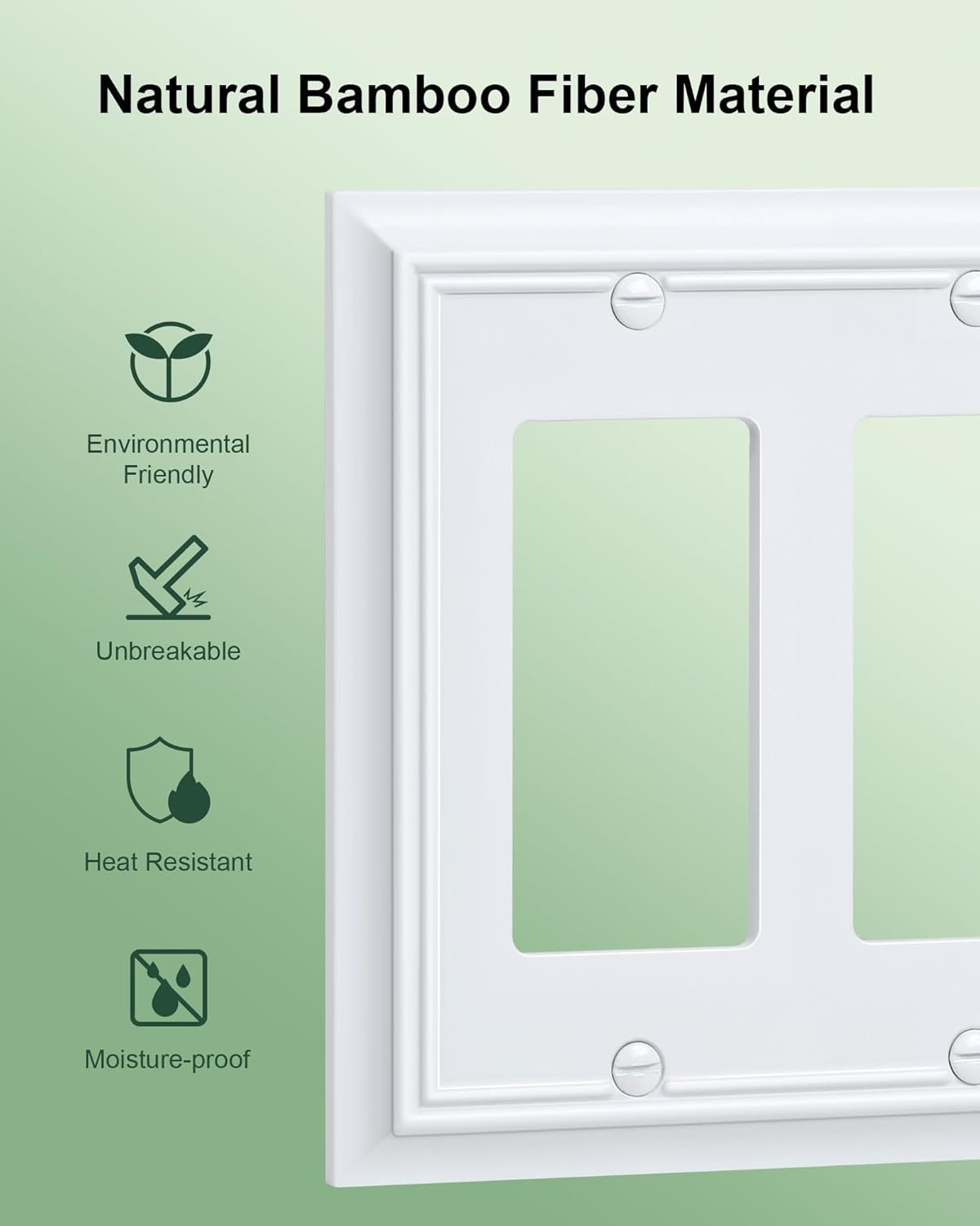 2-Pack Decorative Double Decorator Outlet Cover Plate, Pure White Durable Natural Bamboo Fiber Wall Plates for Electrical Outlets, Receptacle, GFCI Outlet, Dimmer Switch, 2-Gang, Corrosion Resistant