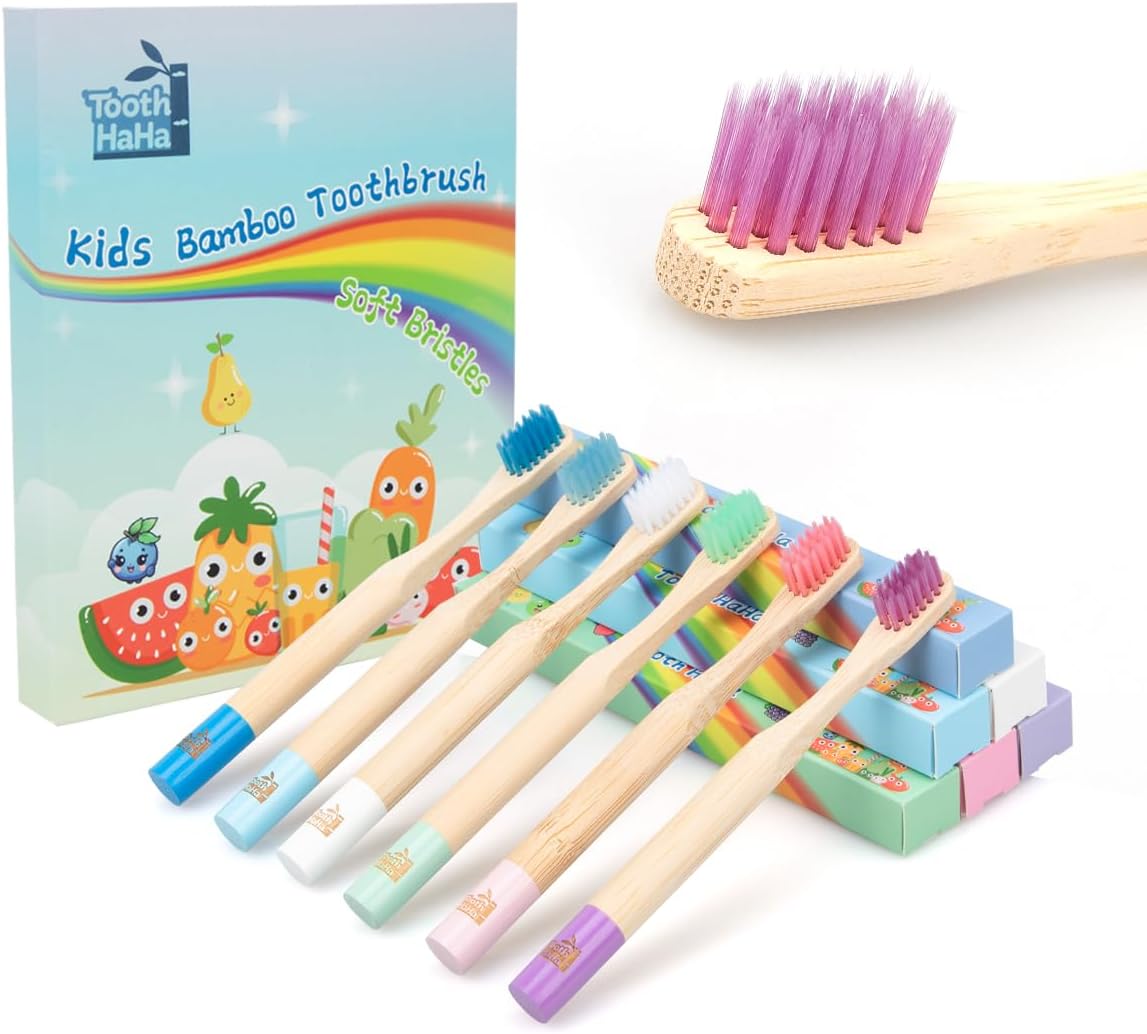 Kids Bamboo Toothbrushes, BPA-Free Soft Bristles, Eco-Friendly Natural Wooden Toddler Toothbrush