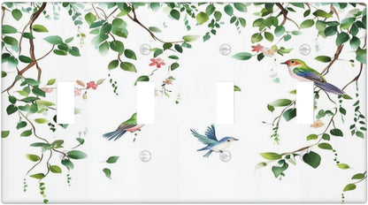 Light Switch Covers Green Leaves Bird Eucalyptus Sage Plant Quad Toggle Electrical Faceplate 4 Gang Wall Plate Decorative Switch Plates For Bed Room Living Room Decor