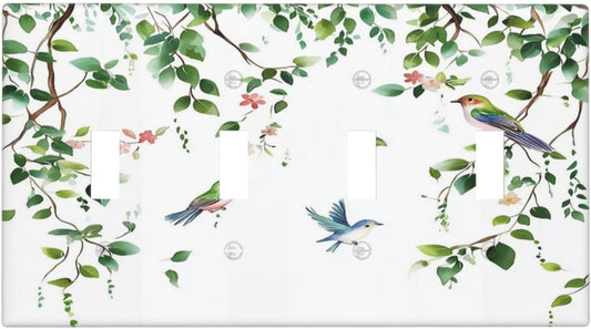 Light Switch Covers Green Leaves Bird Eucalyptus Sage Plant Quad Toggle Electrical Faceplate 4 Gang