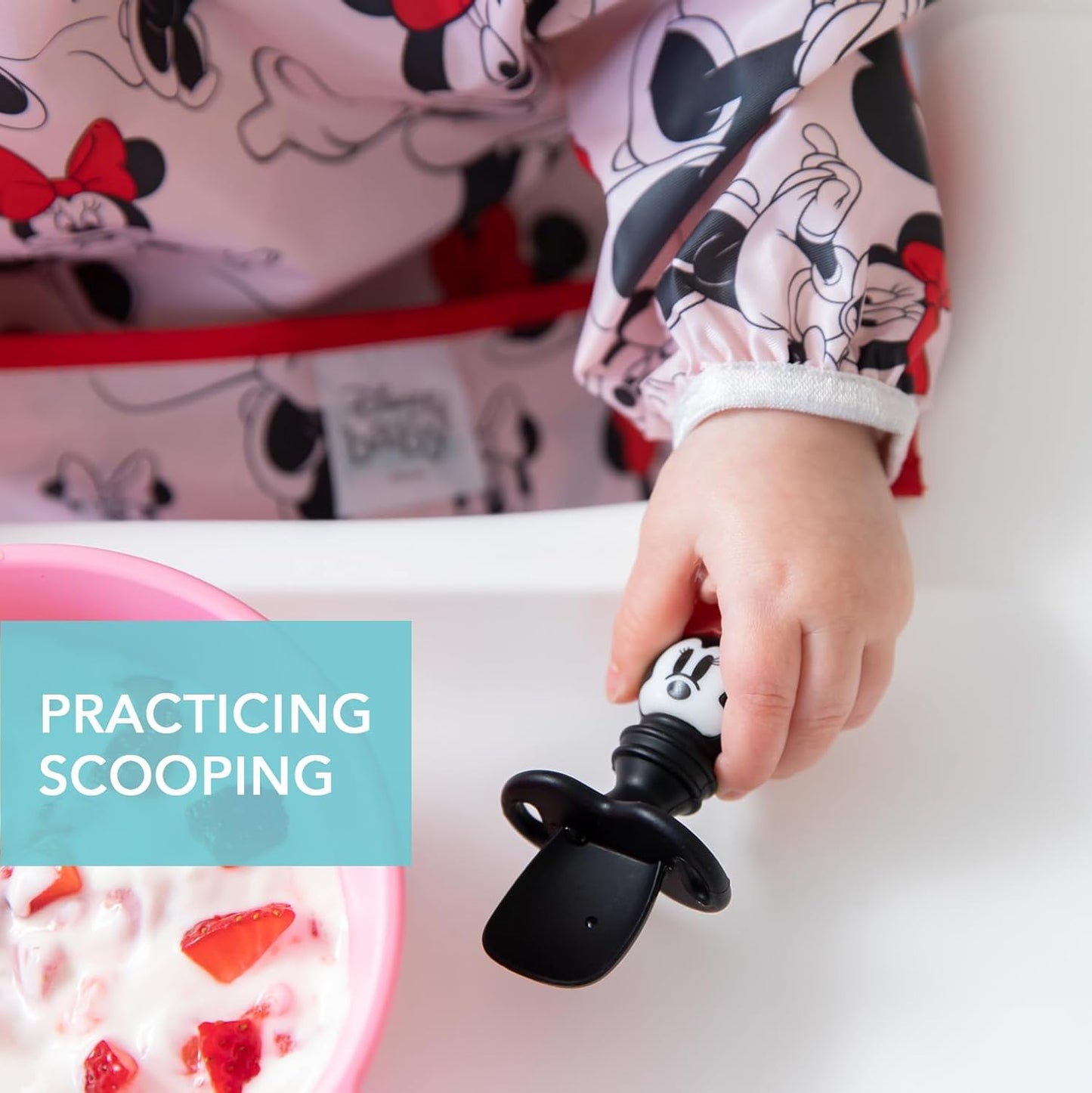 Bumkins Disney Baby Utensils Set, Chewtensils Silicone Spoons for Dipping, Self-Feeding, Baby Led Weaning, Trainer Learning, First Stage Eating, Soft Fork and Spoon, Babies 6 Months, Minnie Mouse