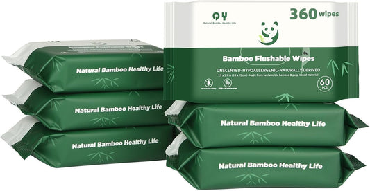 Bamboo Flushable Wipes,Septic Safe,Soft, Soothing Botanicals & Aloe, Unscented,Eco Friendly, Natural Brown Bamboo-Pulp Based Flusable Wipes for Women/kids/Adults 360Count (6 Packs of 60)
