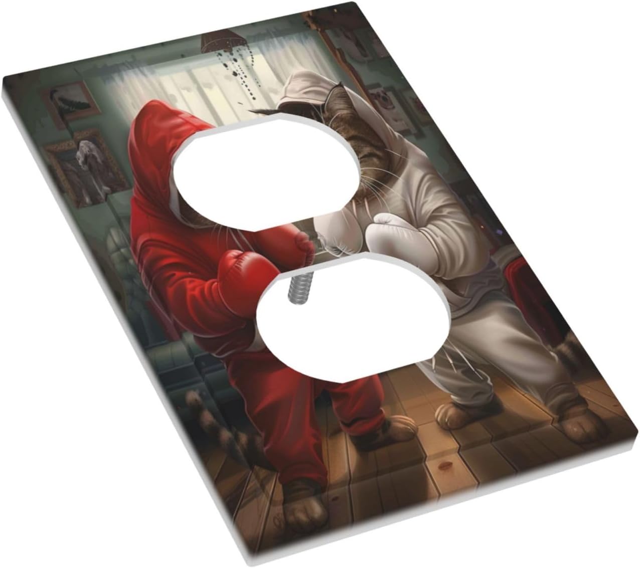 Decorative Outlet Covers Funny Red Boxing Cats White Tomcat 1 Gang Duplex Light Switch Cover Plate Wall Plates for Electrical Outlets Switchplate Faceplate for Bedroom Home Decor