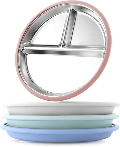 Stainless Steel Toddler Plate with Suction, 8” Divided Plates with Removable Silicone Sleeves for Baby, Non Toxic Unbreakable Kids Snack Dishes Set of 4, Sage Blue Gray Blush