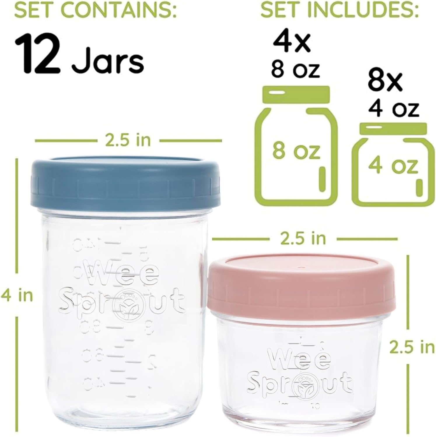 WeeSprout Glass Baby Food Storage Jars w/ Lids (4/8 oz, 12 Pack Set) Snack, Reusable Small