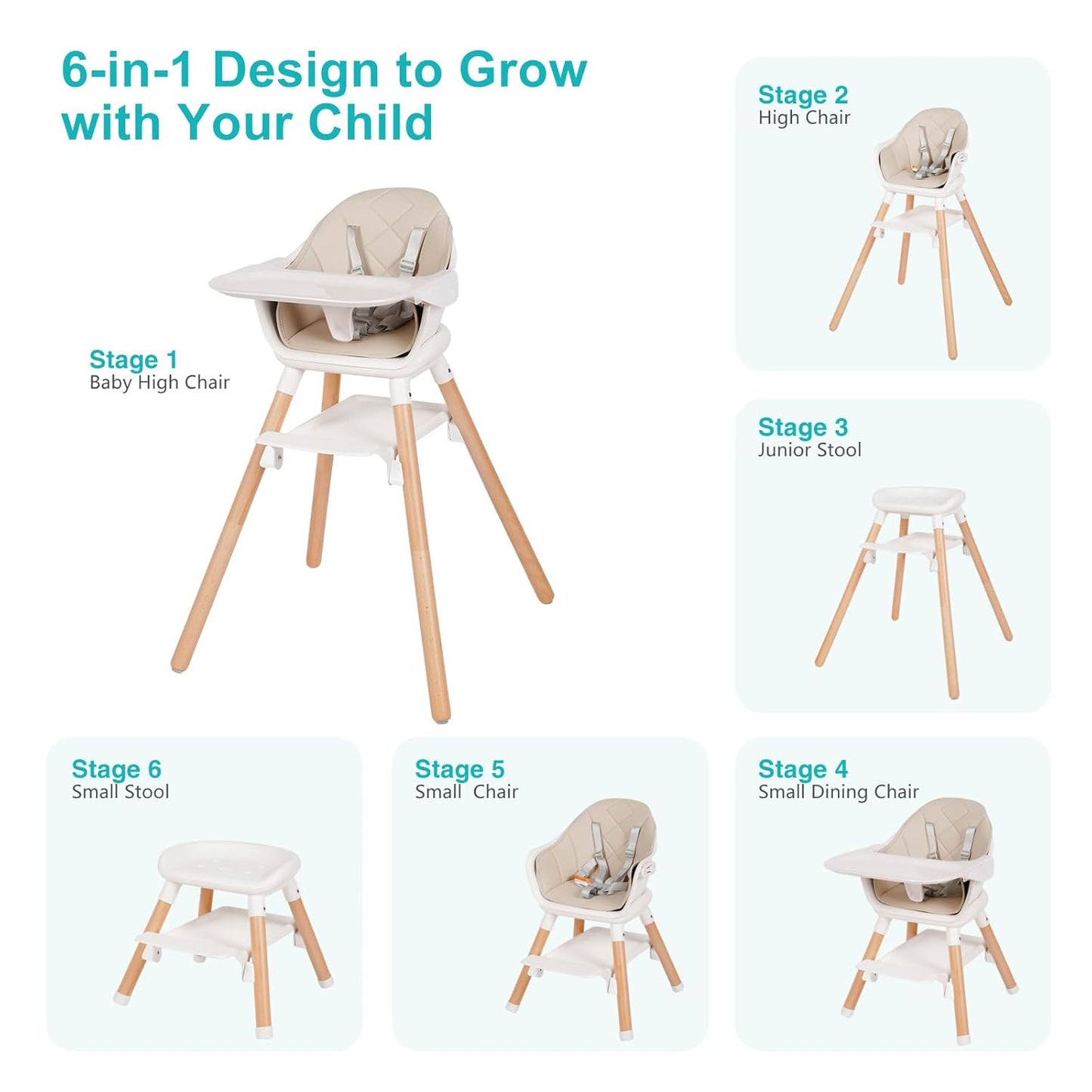 Baby High Chair, 6 in 1 Wooden Convertible High Chairs for Babies and Toddlers, Booster Seat with