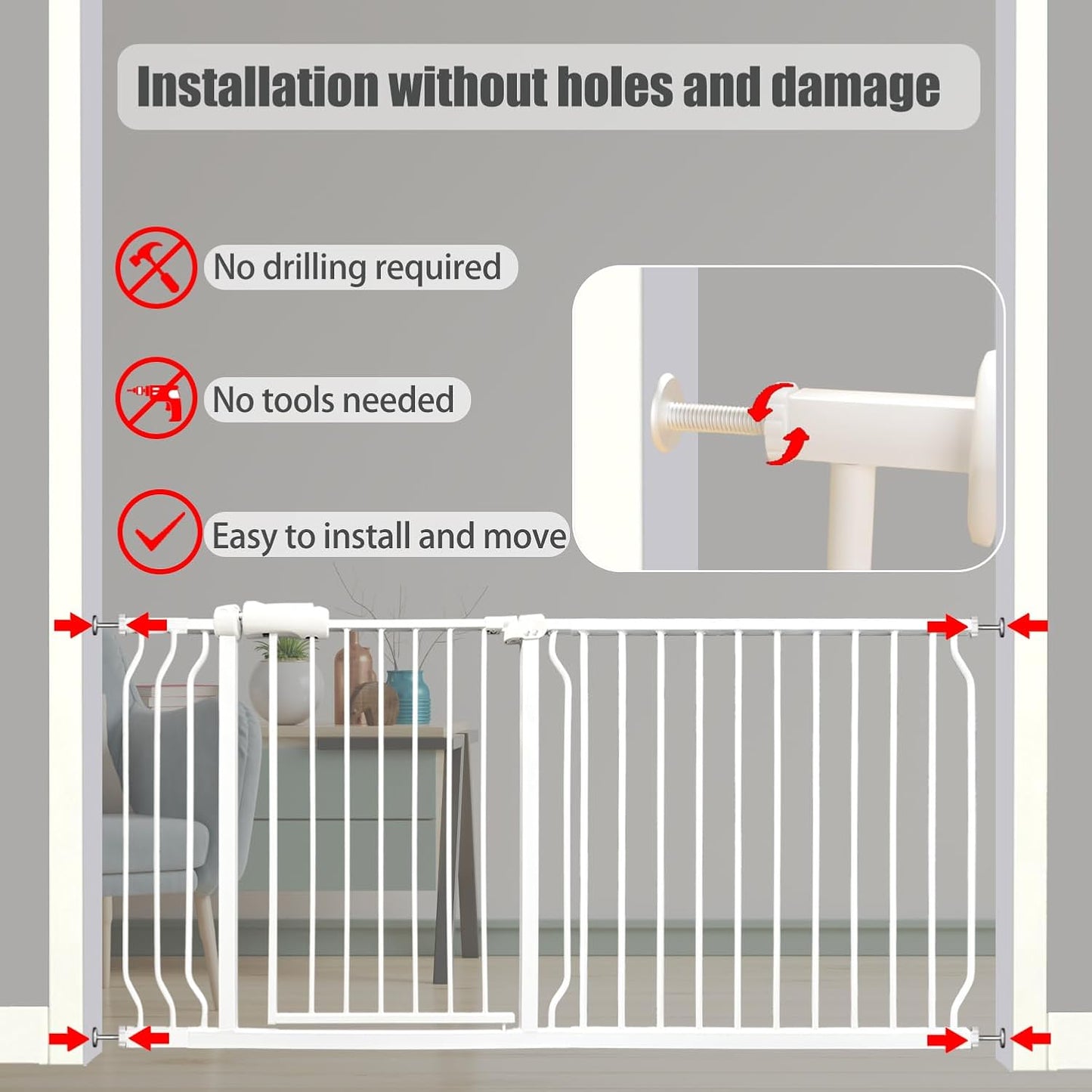 Heavy Duty Baby & Dog Safety Gate 86-104.7 Inch, White Metal, Tension Mounted No Drilling Pet Gate for Large Openings
