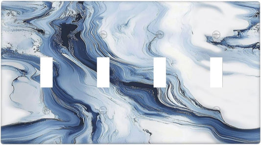 Light Switch Covers White Marble Navy Blue Line Fluid Quad Toggle Electrical Faceplate 4 Gang Wall Plate Decorative Switch Plates For Bathroom Kitchen Decor
