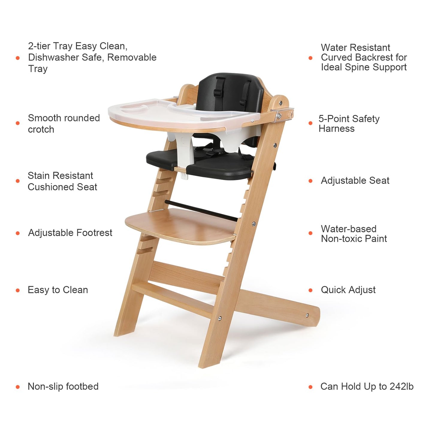 Cowiewie Natural Wooden High Chair for Babies & Toddlers 3-Tier Remove & 2 Adjustable Tray, 8