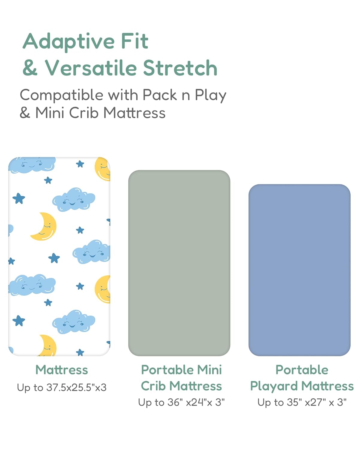 Pack and Play Sheets Fitted, Cloud+Blue Design, Soft and Safe, Hypoallergenic, 2 Pack for Mini Crib
