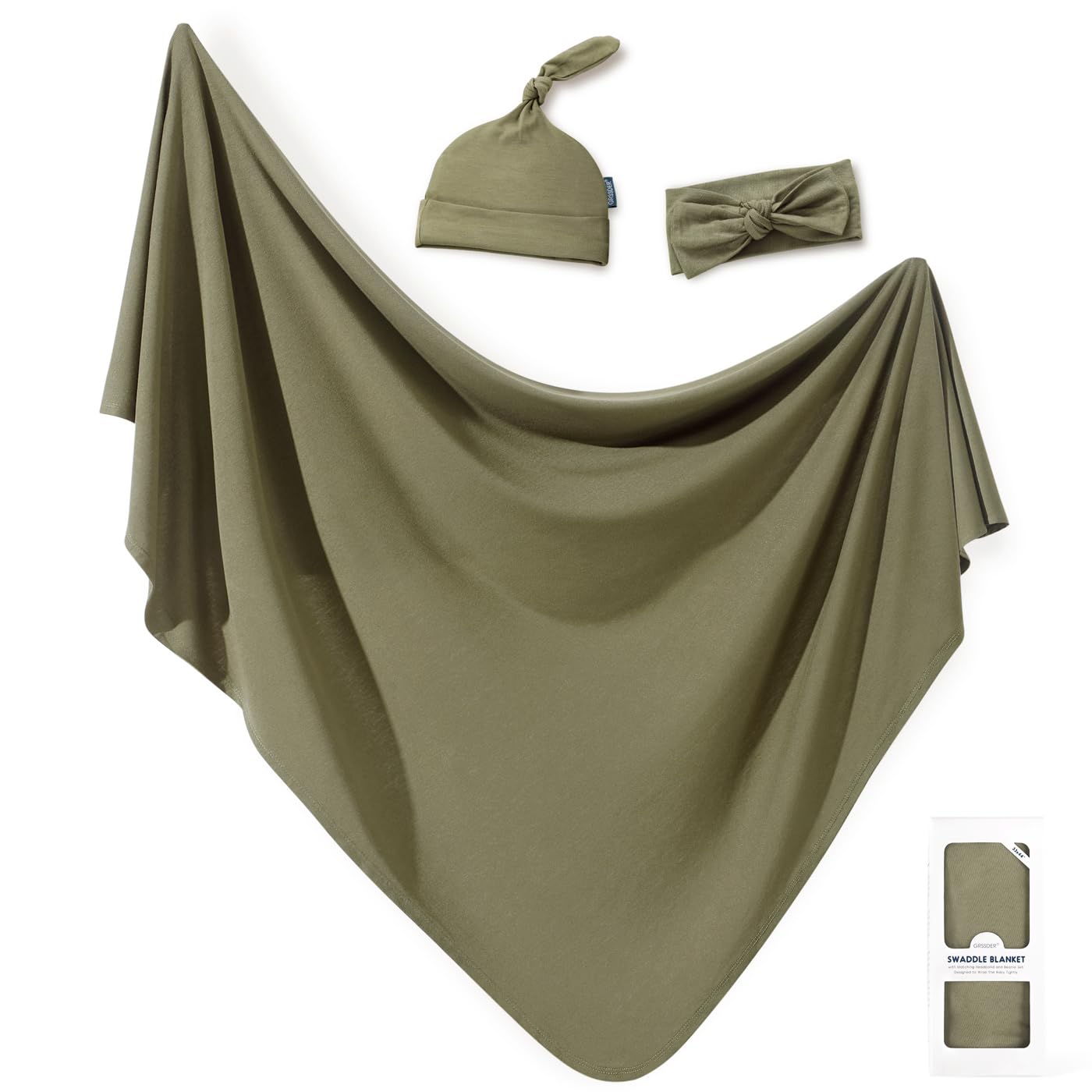 GRSSDER Newborn Swaddle Blanket, Ultra Soft Jersey Receiving Blanket with Matching Headband and Beanie Set 33×44", Stretchy Baby Neutral Swaddle Wrap for Girls and Boys