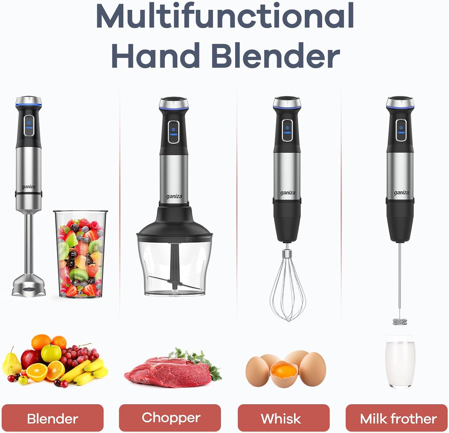 Ganiza Immersion Blender 5 in 1 Hand Blender Max 1000W Heavy Duty Motor, 16 Speed Mode Handheld